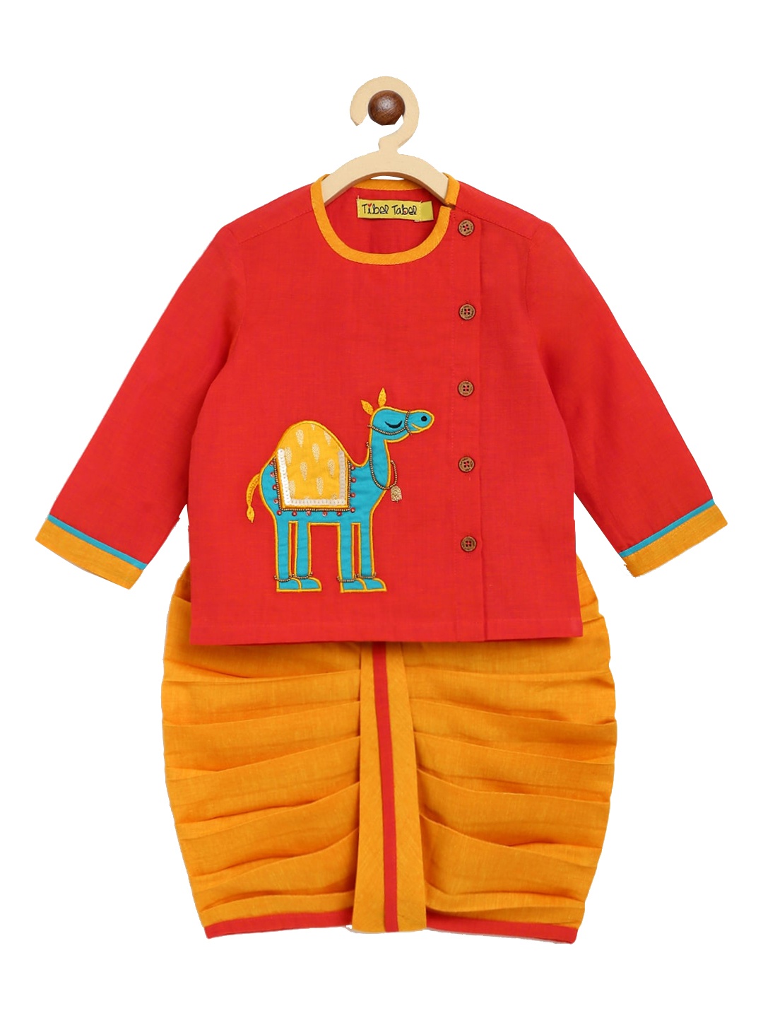 

Tiber Taber Boys Red & Orange Applique Pure Cotton Kurta with Dhoti Pants