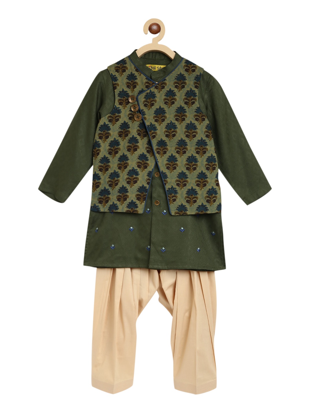 

Tiber Taber Boys Olive Green & Beige Ethnic Motifs Printed Pure Cotton Kurta with Pyjamas