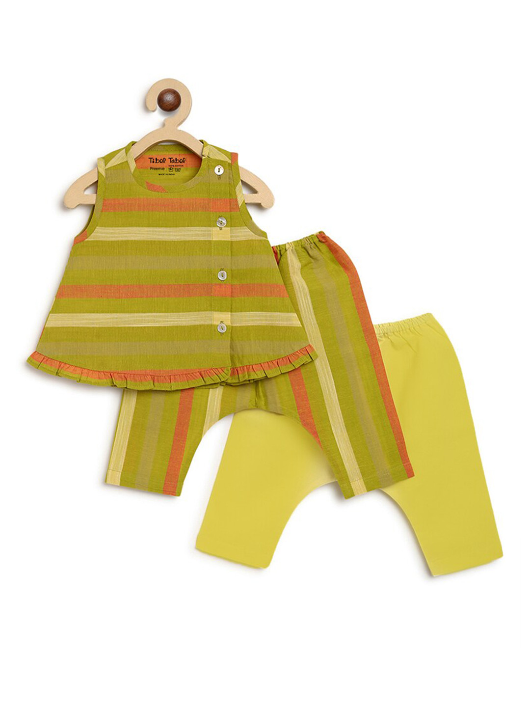 

Tiber Taber Infant Girls Lime Green & Orange Striped Printed Pure Cotton Top & Pyjamas