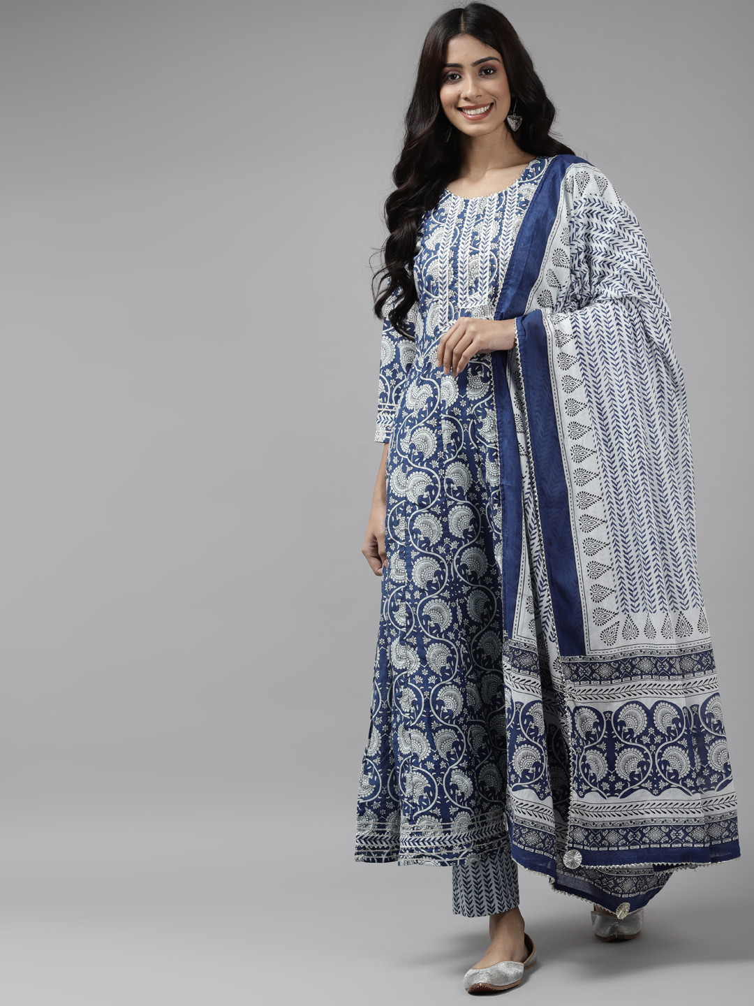 

Indo Era Women Blue Ethnic Motifs Printed Panelled Gotta Patti Kurta with Trousers & With Dupatta
