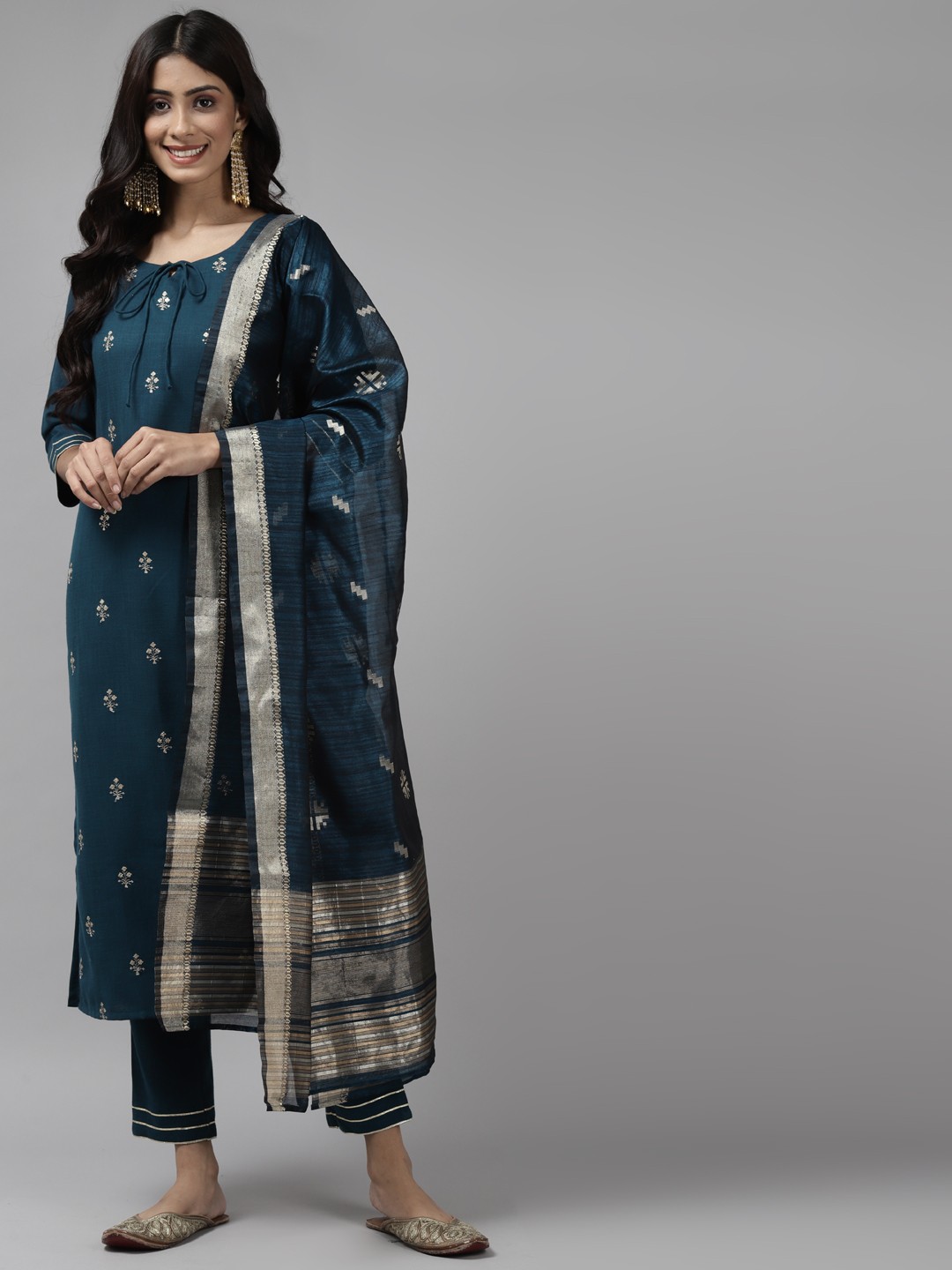 

Indo Era Women Teal Blue & Golden Embroidered Kurta with Trousers & With Dupatta