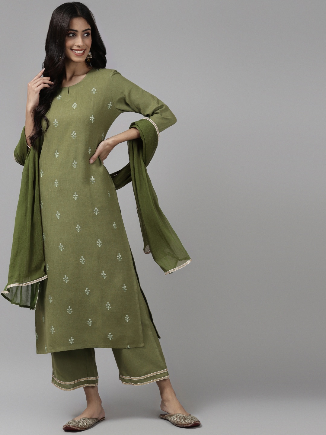 

Indo Era Women Olive Green & Silver Embroidered Kurta with Palazzos & Dupatta