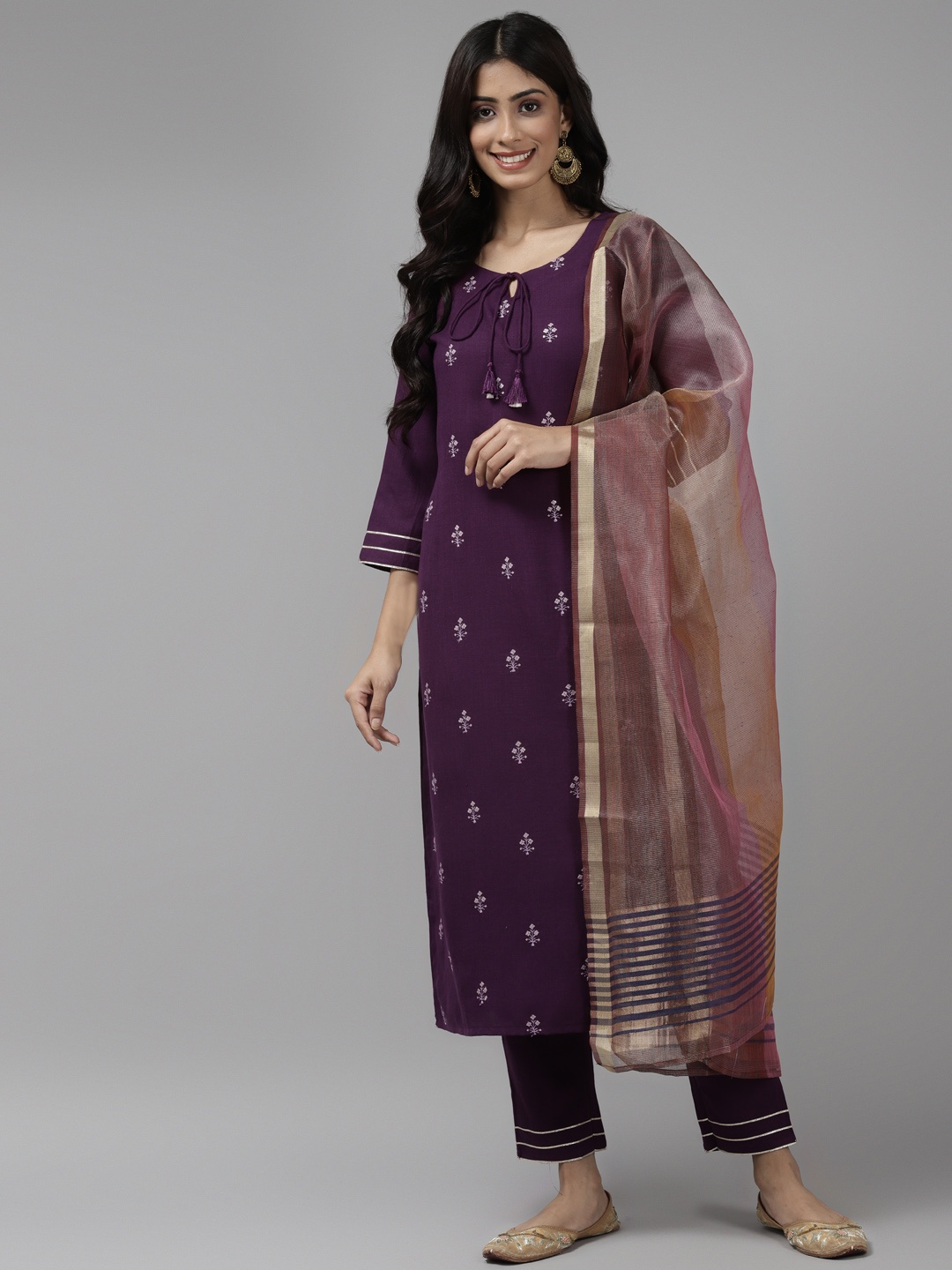 

Indo Era Women Purple Embroidered Kurta with Trousers & With Dupatta