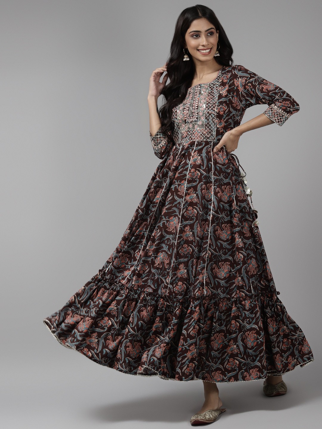 

Indo Era Women Brown Floral Printed Gotta Patti Anarkali Kurta