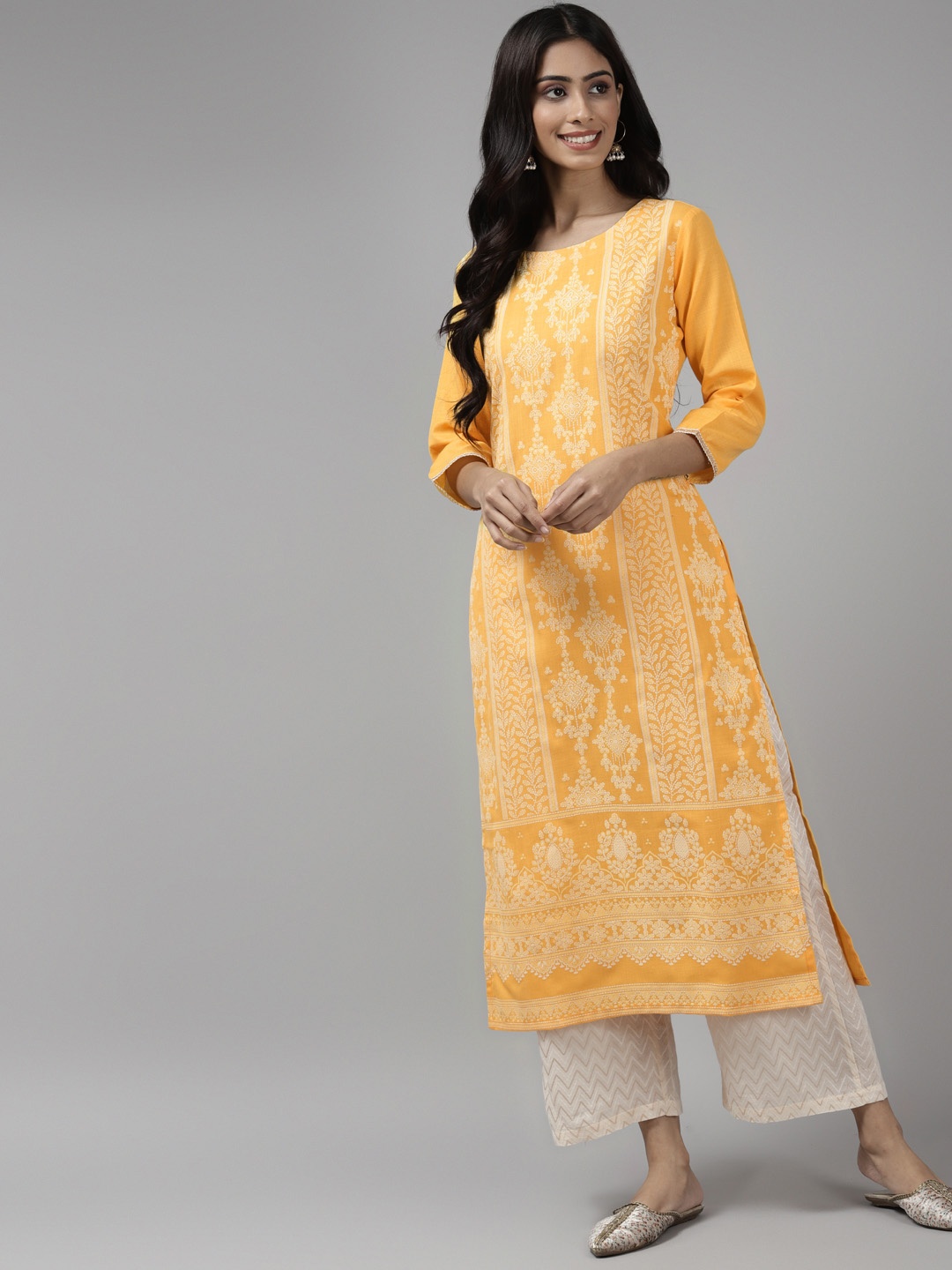 

Indo Era Women Yellow Floral Printed Kurta