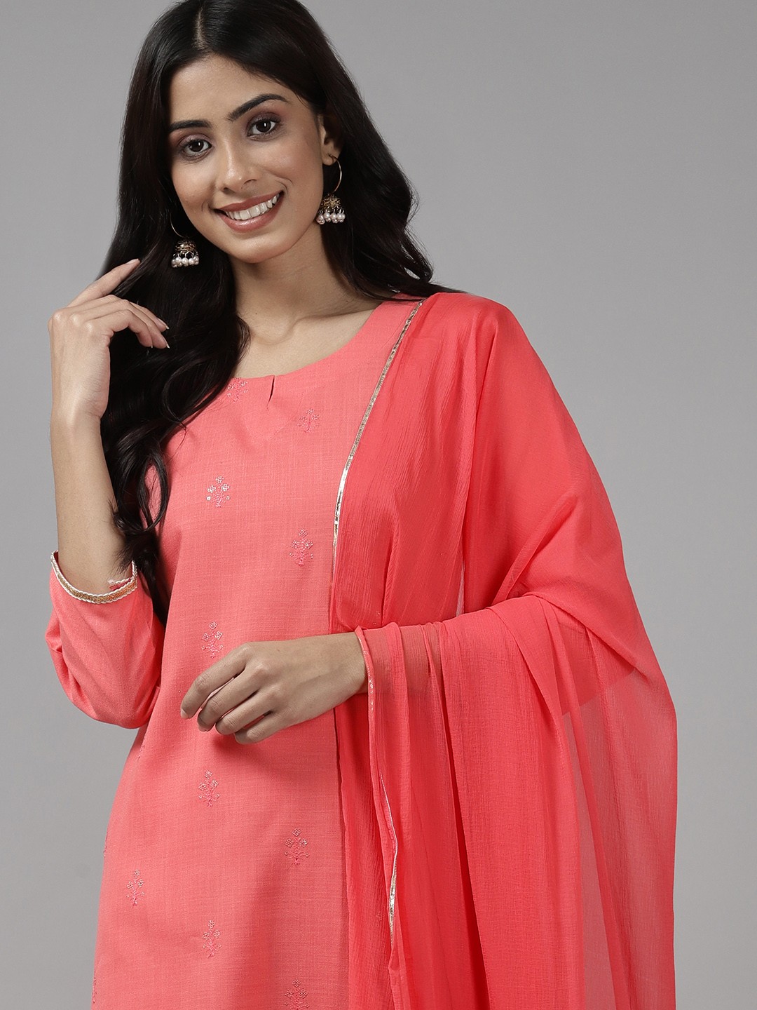 

Indo Era Women Pink Floral Embroidered Regular Kurta with Palazzos & With Dupatta