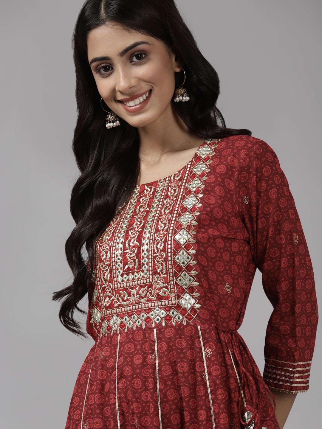 

Indo Era Women Red & Golden Ethnic Printed Mirror Work Anarkali Kurta