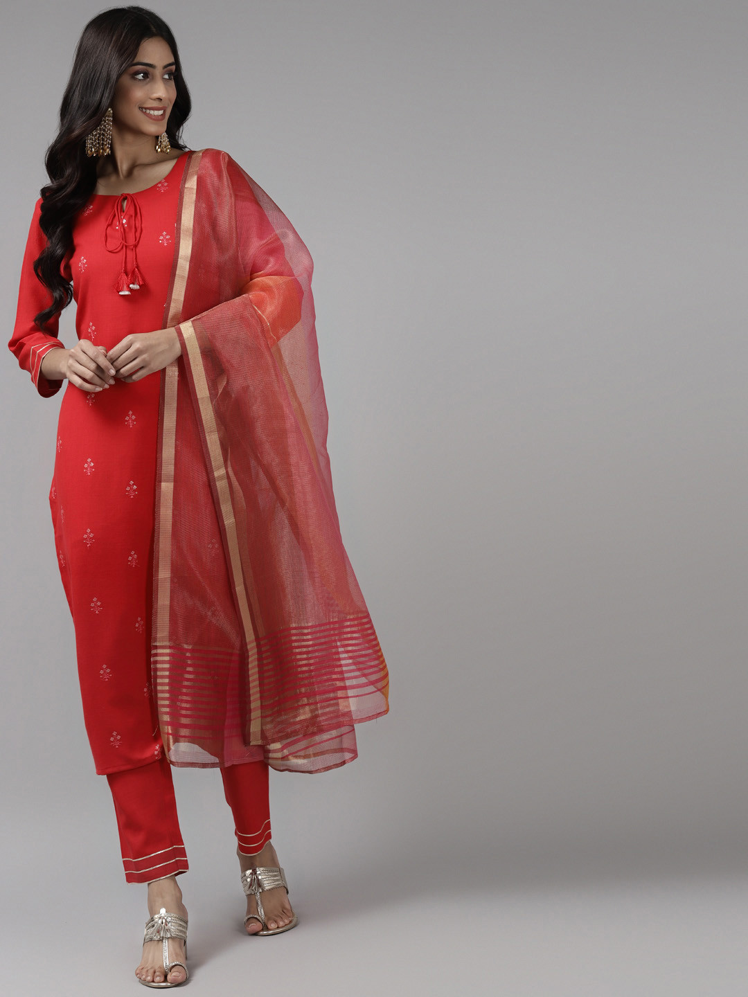 

Indo Era Women Red Floral Embroidered Regular Kurta with Trousers & With Dupatta