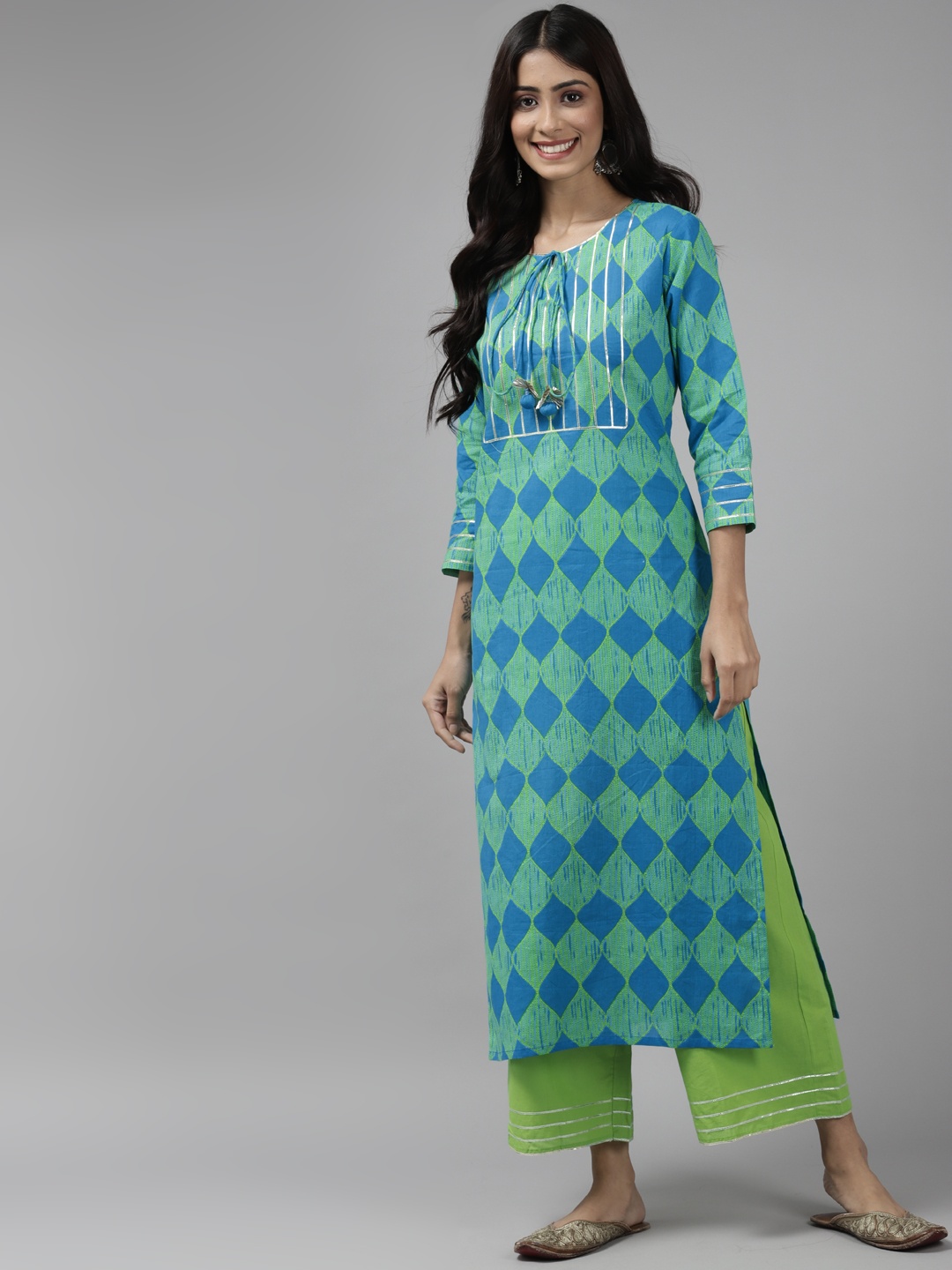 

Indo Era Women Blue & Green Printed Gotta Patti Pure Cotton Kurta with Palazzos