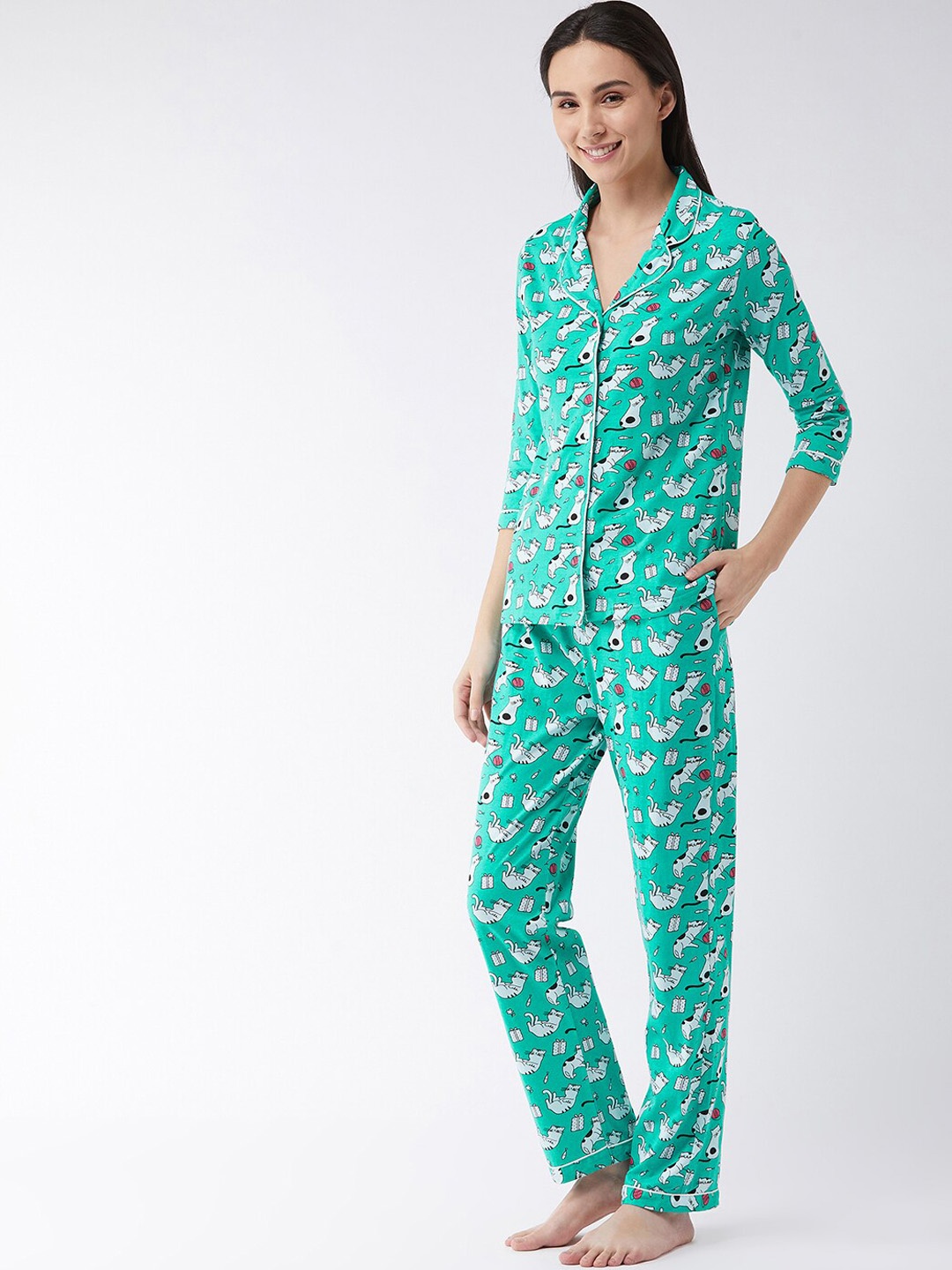 

Miss Chase Women Green Pure Cotton Cat Printed Pajama Set, Sea green