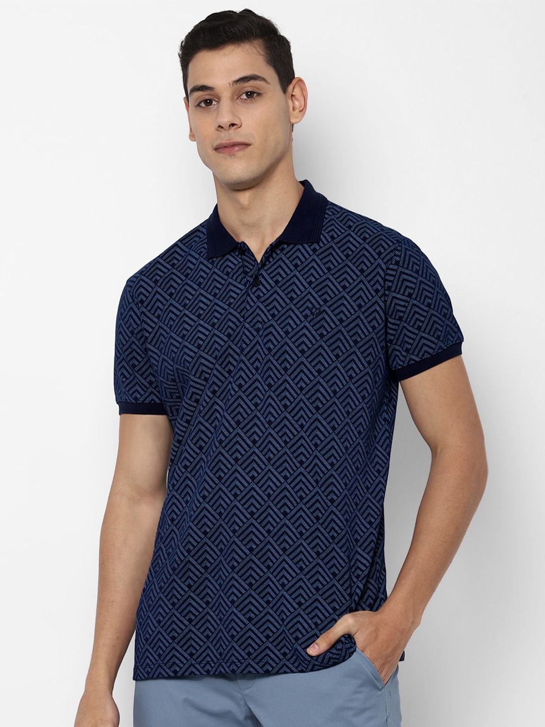 

Allen Solly Men Navy Blue Printed Polo Collar Pure Cotton T-shirt