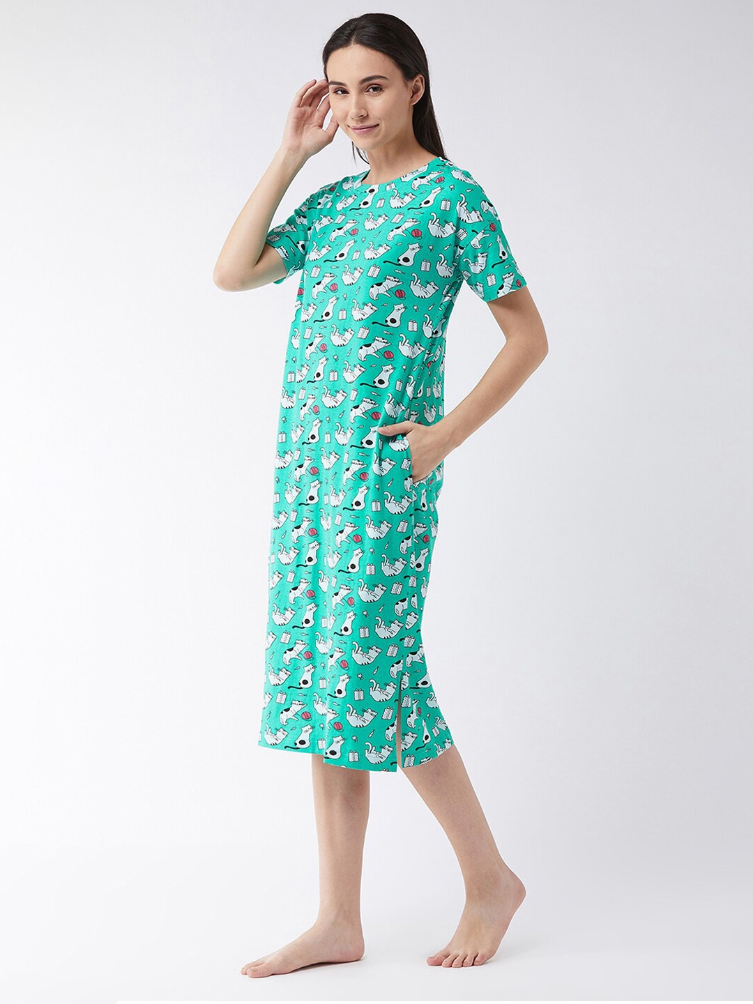 

Miss Chase Women Green Printed Night Dress, Sea green