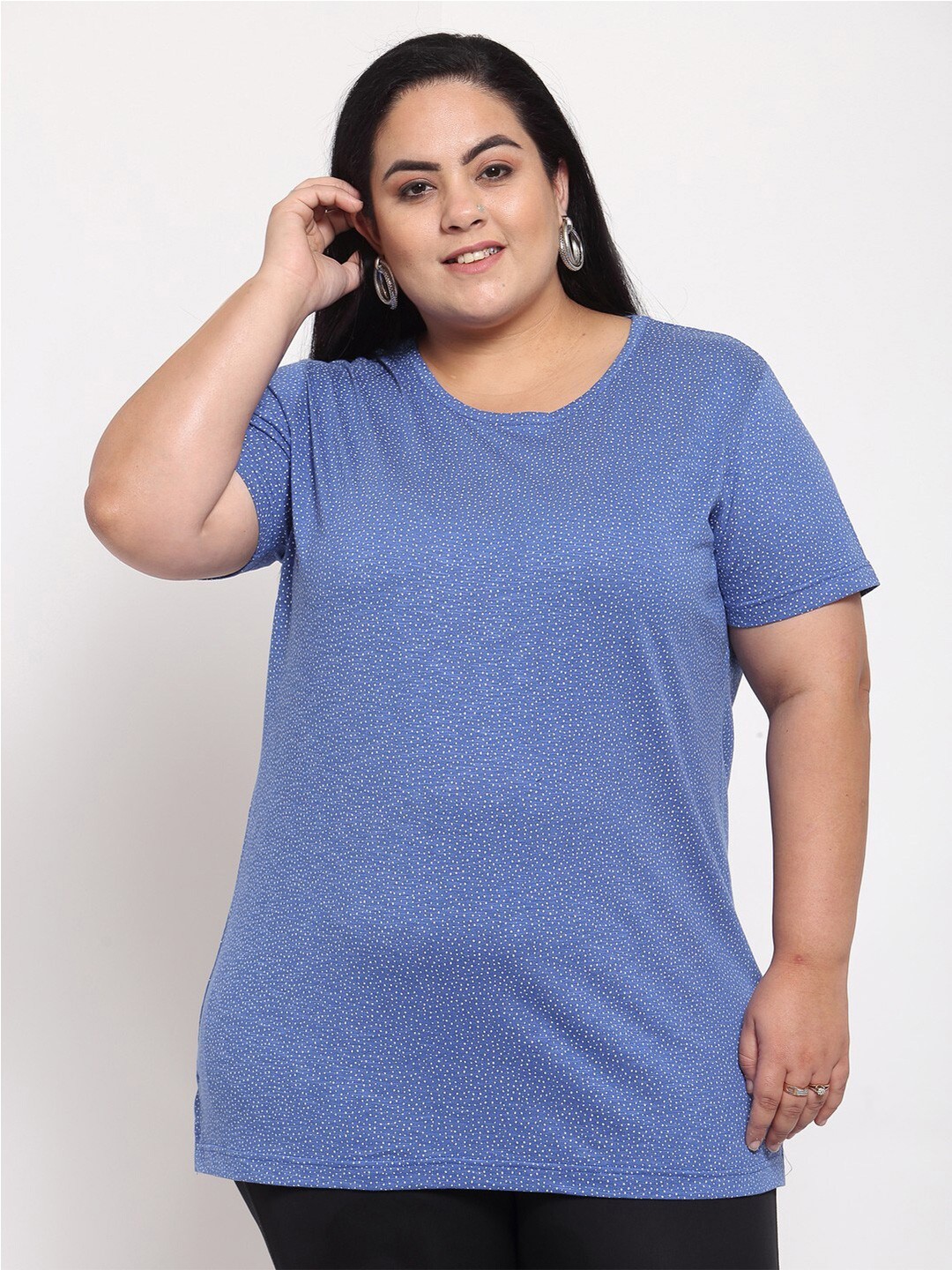 

plusS Women Blue & White Printed T-shirt (Plus Size)