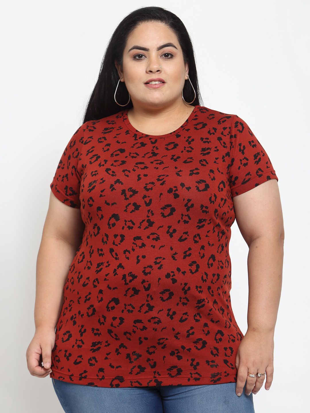 

plusS Women Maroon & Black Animal Printed T-shirt (Plus Size)