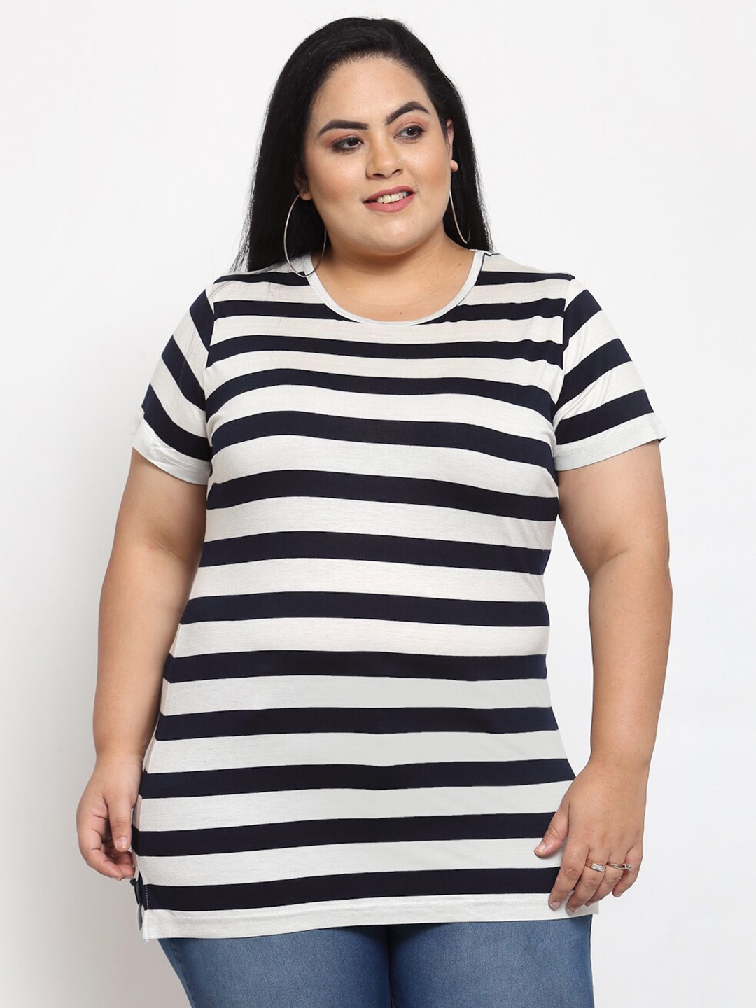 

plusS Women Navy Blue & White Striped T-shirt (Plus Size)
