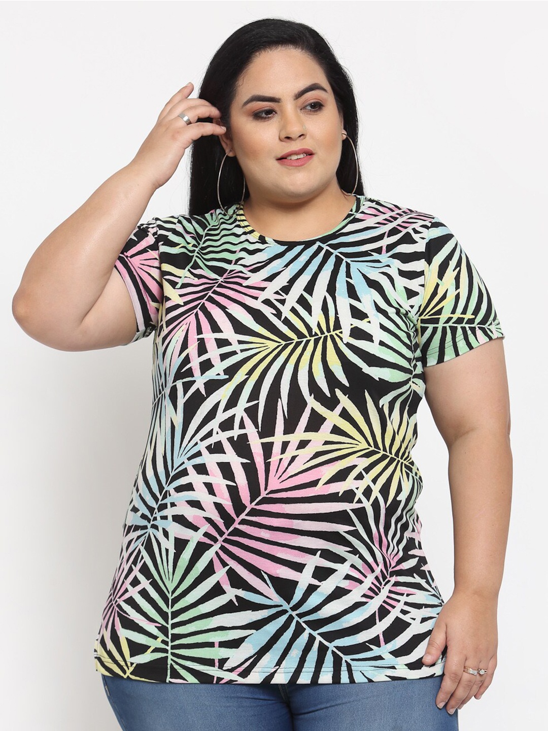 

plusS Women Multicoloured Tropical Printed T-shirt (Plus Size), Multi
