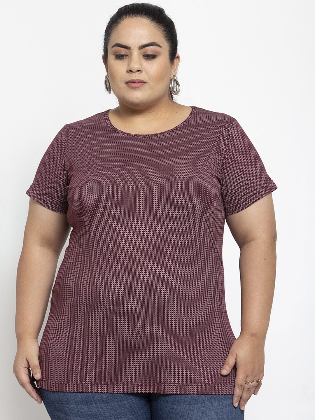 

plusS Women Burgundy Printed T-shirt (Plus Size)