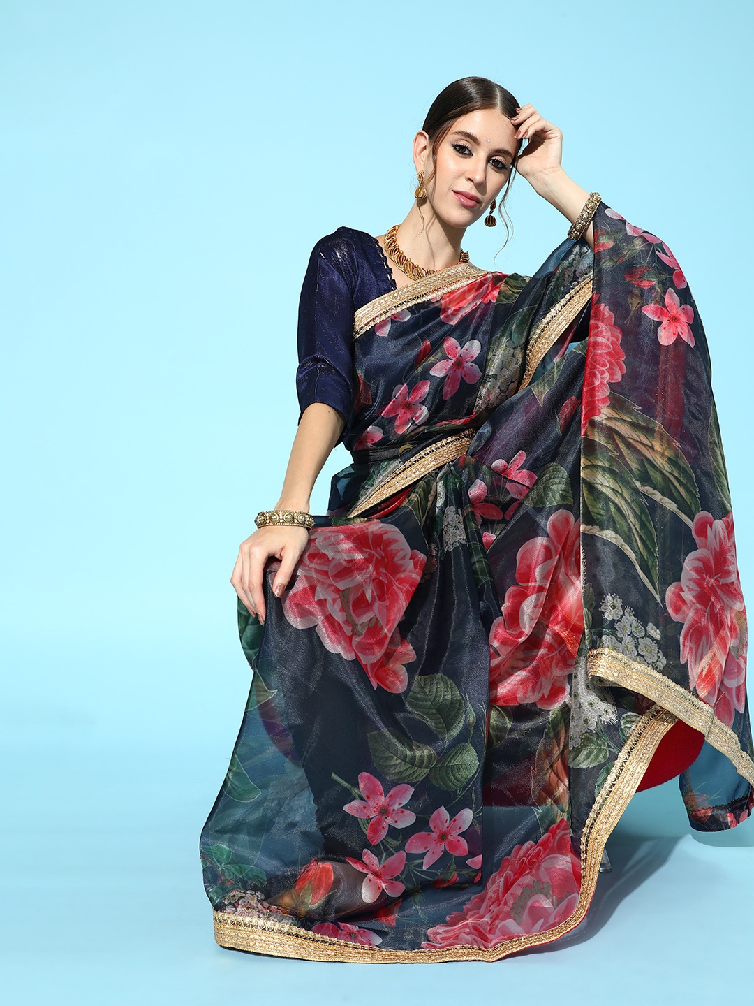 

Tikhi Imli Floral Organza Saree with Woven Design Border, Navy blue