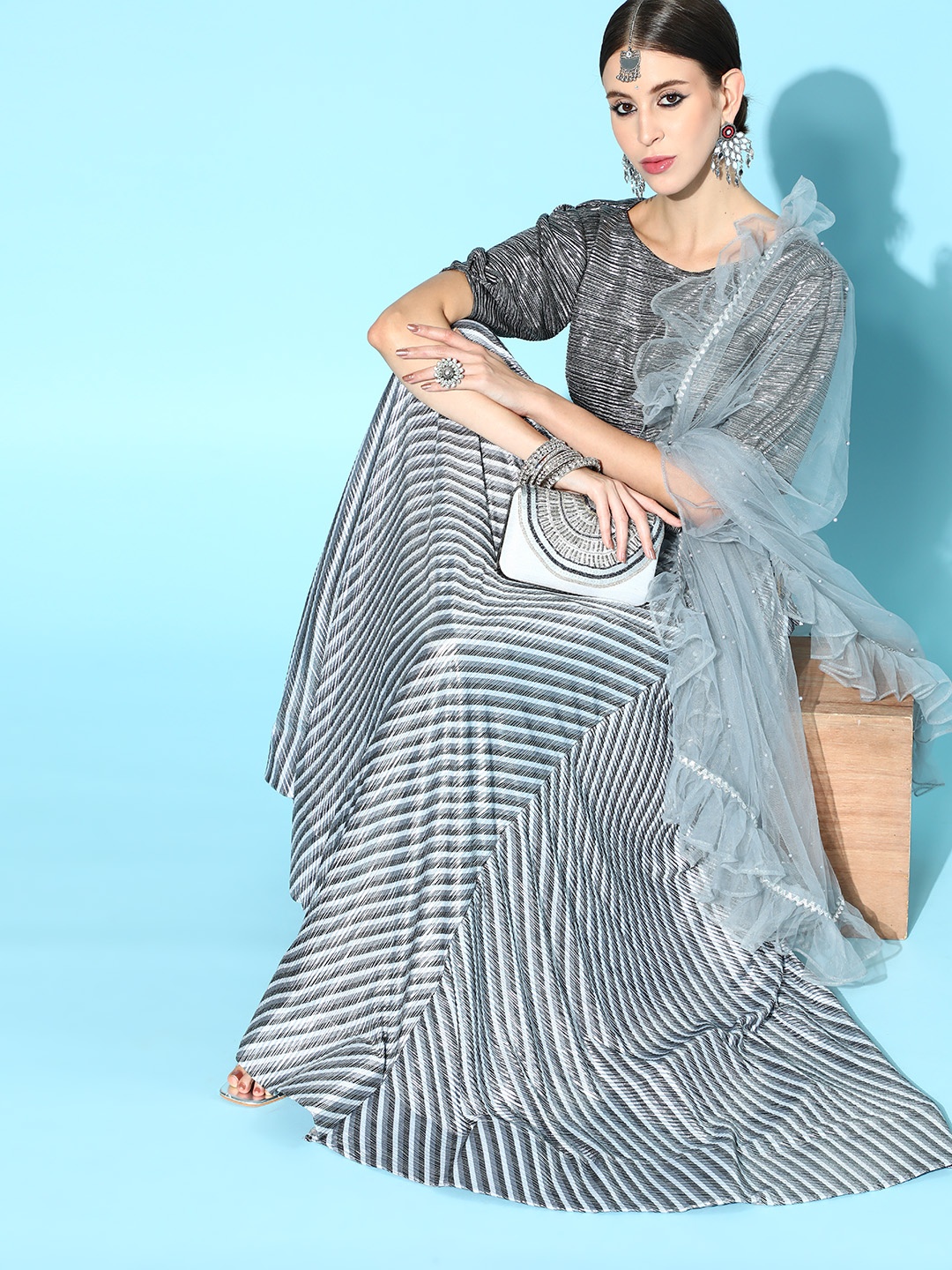 

Tikhi Imli Women Silver & Black Printed Semi-Stitched Lehenga & Unstitched Blouse With