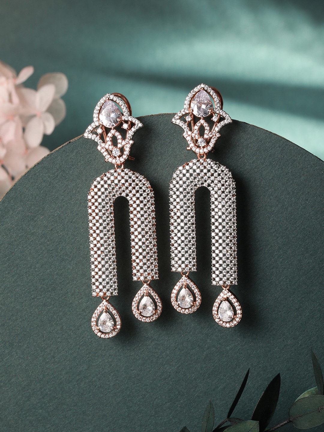 

Saraf RS Jewellery Rose Gold Plated White CZ stone Studded Handcrafted Drop Earring