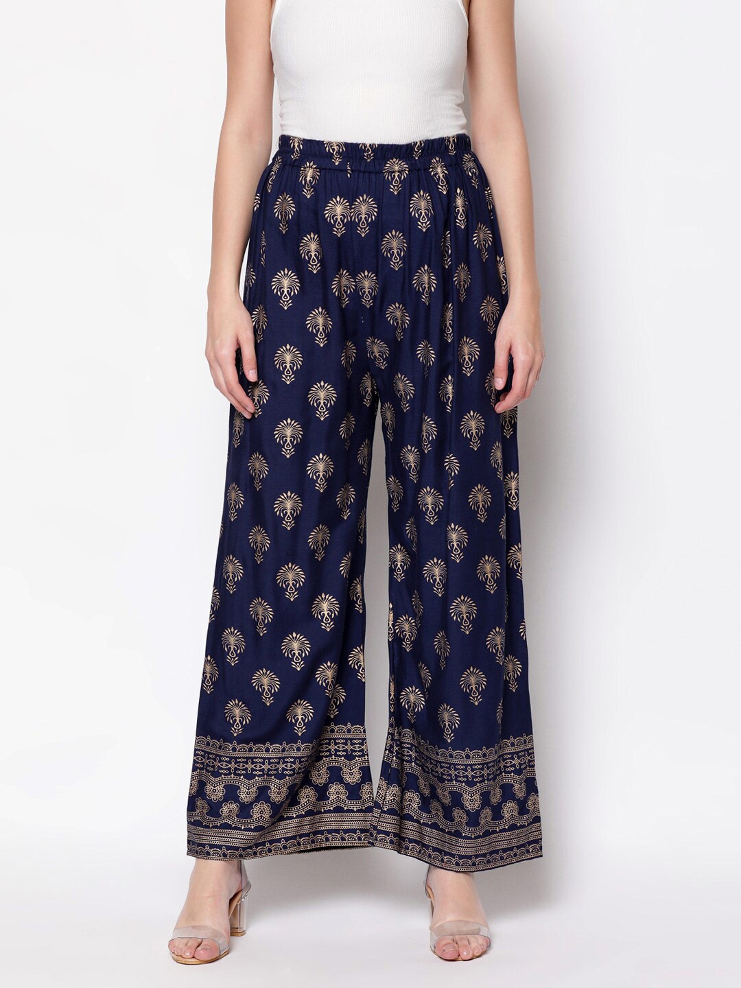 

V2 Value & Variety Women Navy Blue & Gold Ethnic Motifs Printed Wide-leg Knitted Palazzos