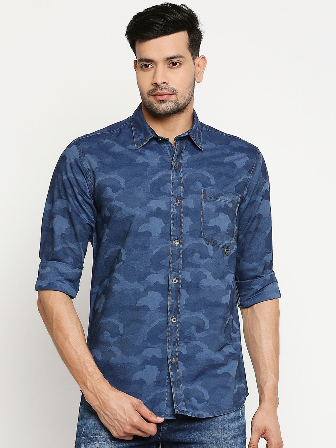 

Mufti Men Indigo Tonal Camo Full Sleeves Authentic Shirt, Blue