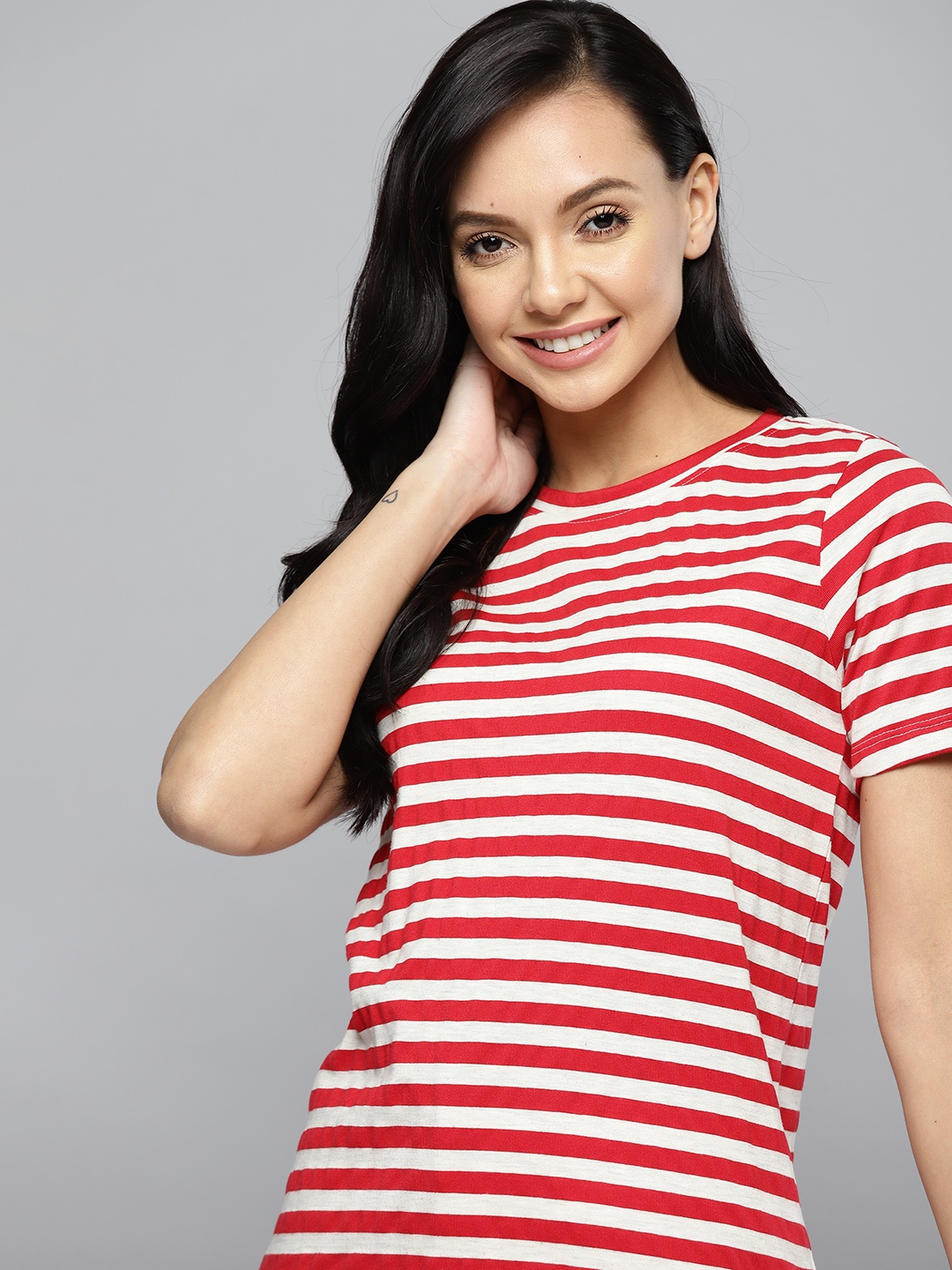 

Mast Harbour Women Red Off-White Pure Cotton Striped Pure Cotton T-shirt