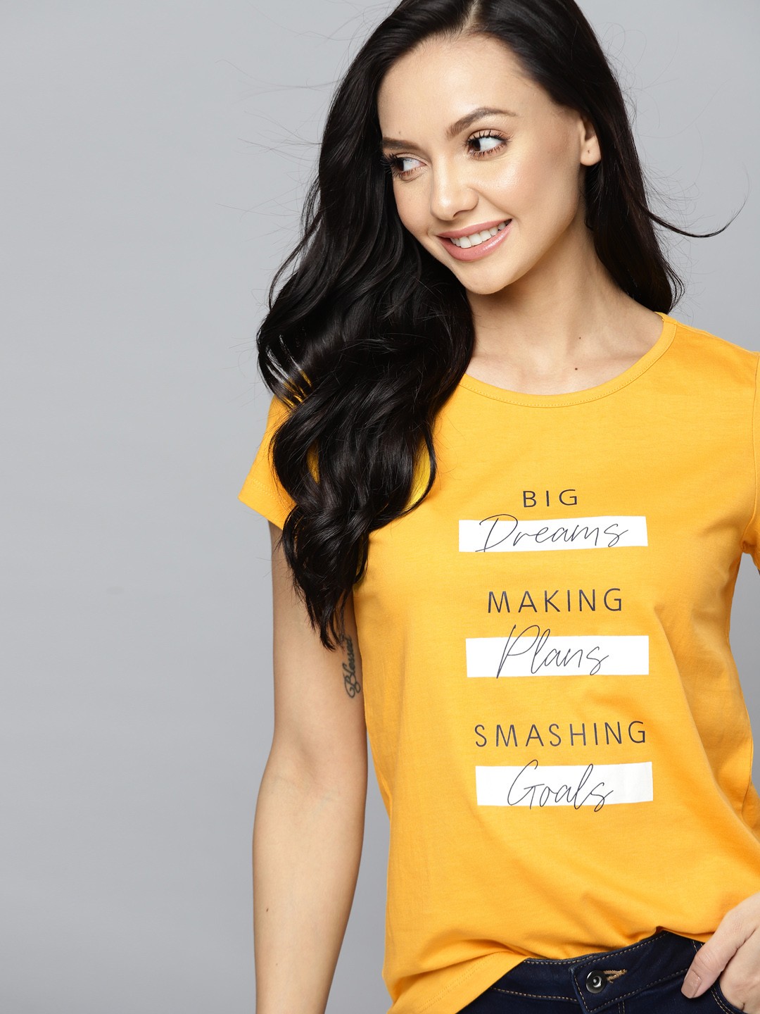

Mast & Harbour Women Yellow Pure Cotton Typography Printed T-shirt