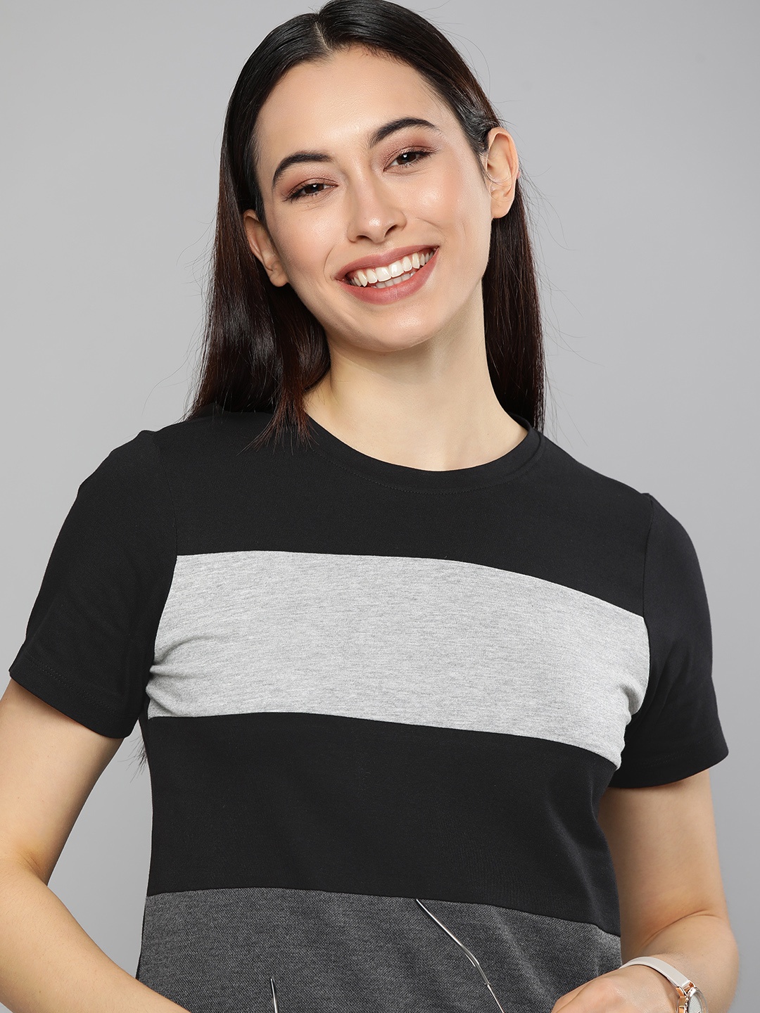 

Mast Harbour Women Black Grey Melange Colourblocked Pure Cotton T-shirt