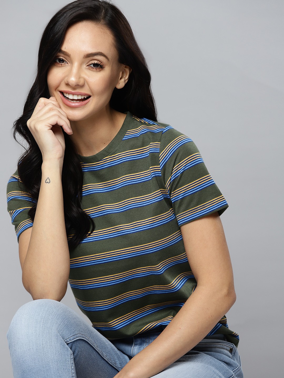 

Mast Harbour Women Olive Green Blue Striped Pure Cotton T-shirt