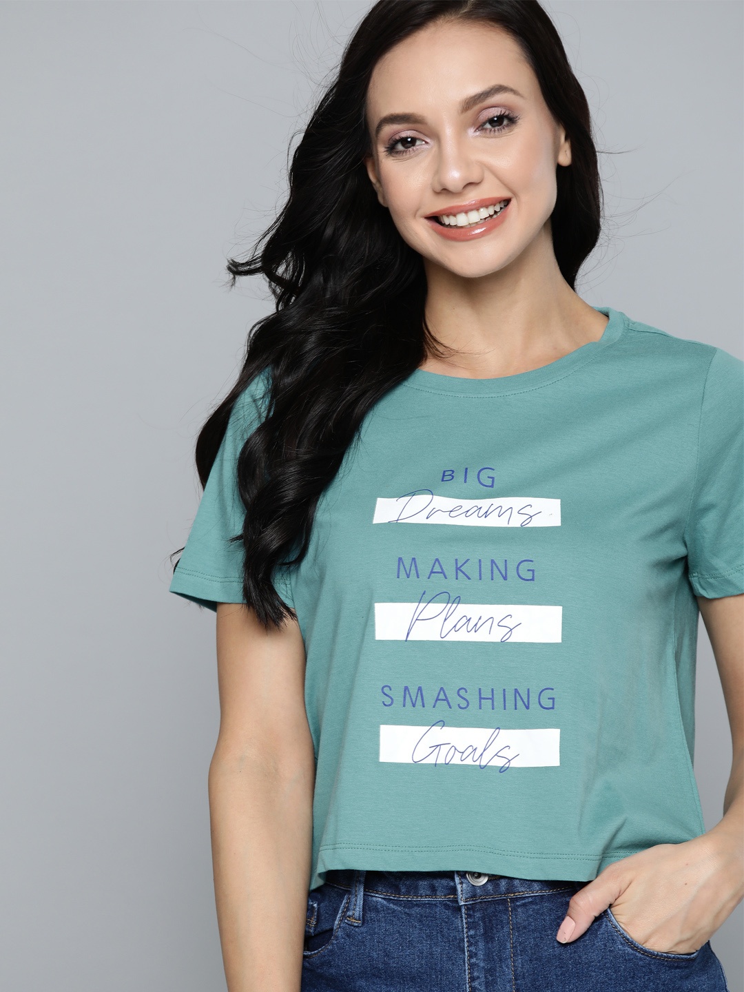 

Mast & Harbour Women Green & White Typography Print Cotton T-shirt