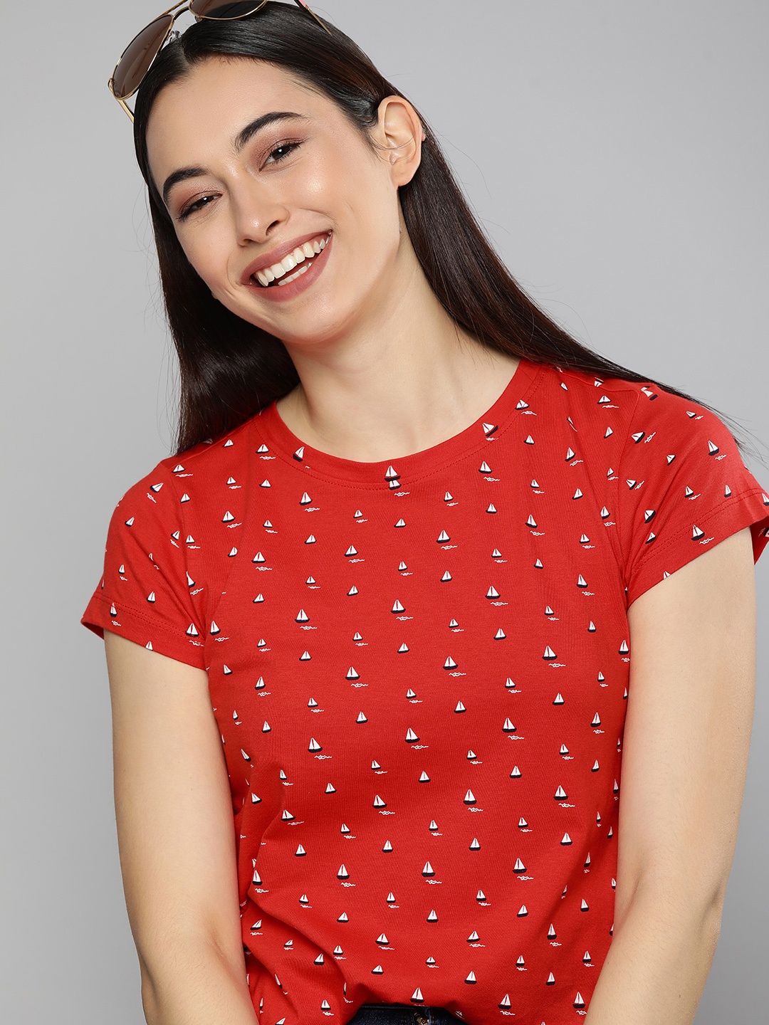 

Mast Harbour Women Red Printed Pure Cotton T-shirt