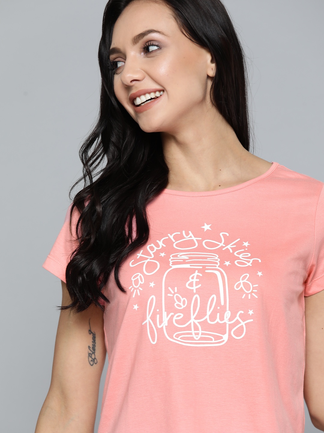 

Mast Harbour Women Pink White Printed Pure Cotton T-shirt