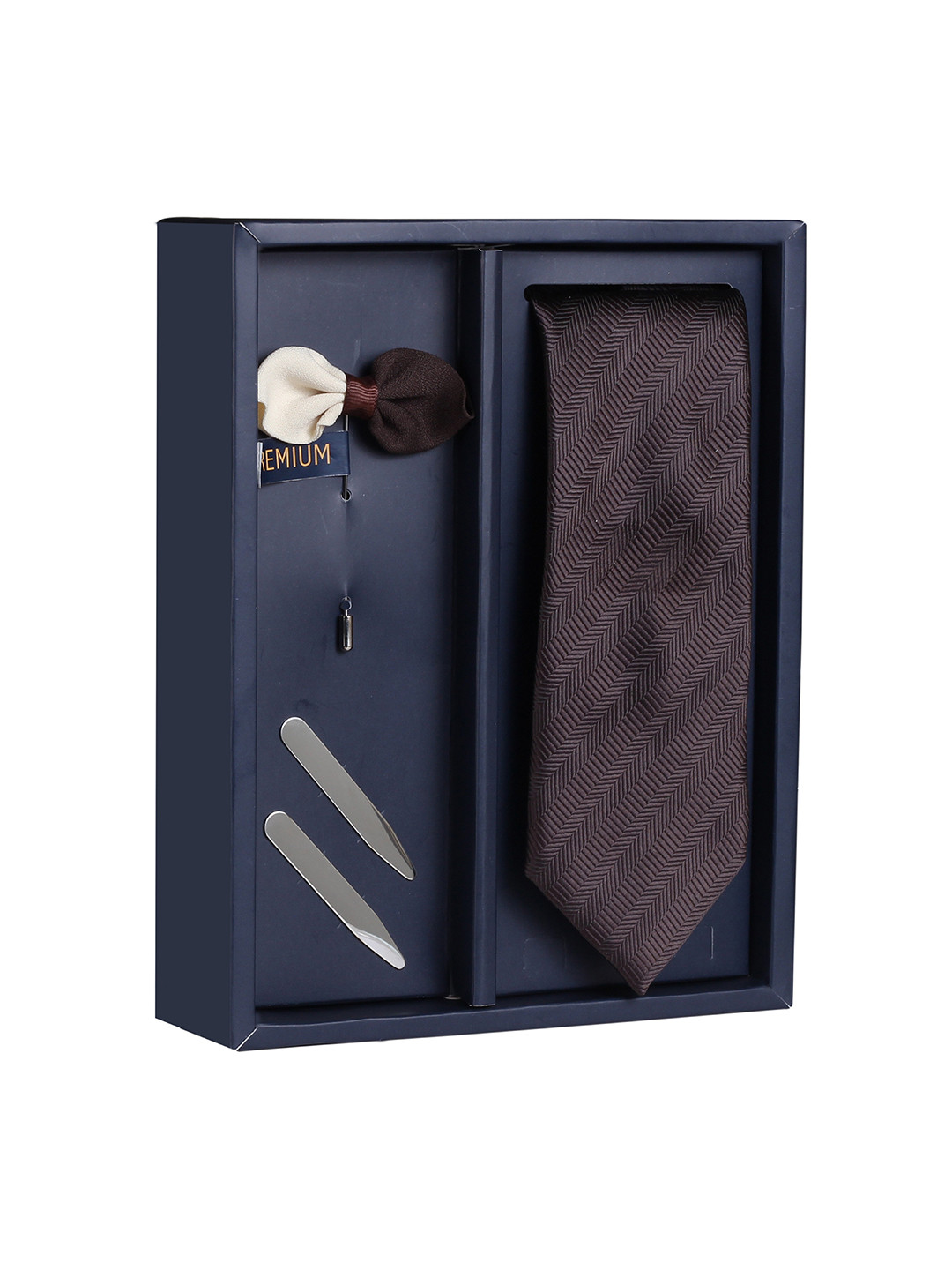 

PELUCHE Men Burgundy Woven Design Broad Tie With Lapel Pin with Collar Strays