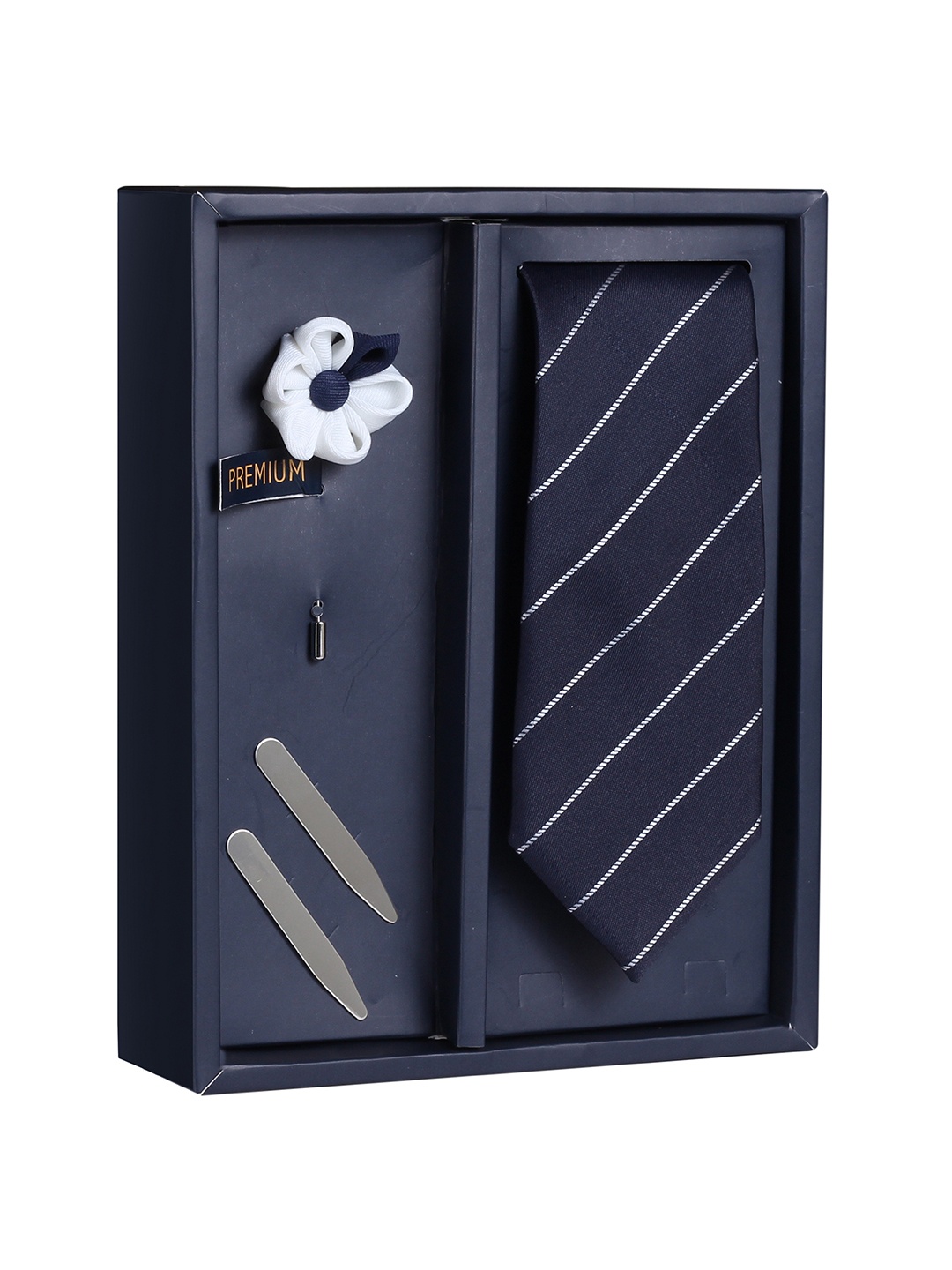 

PELUCHE Men Navy Blue & White Tie with Lapel Pin & Collar Strays Gift Set