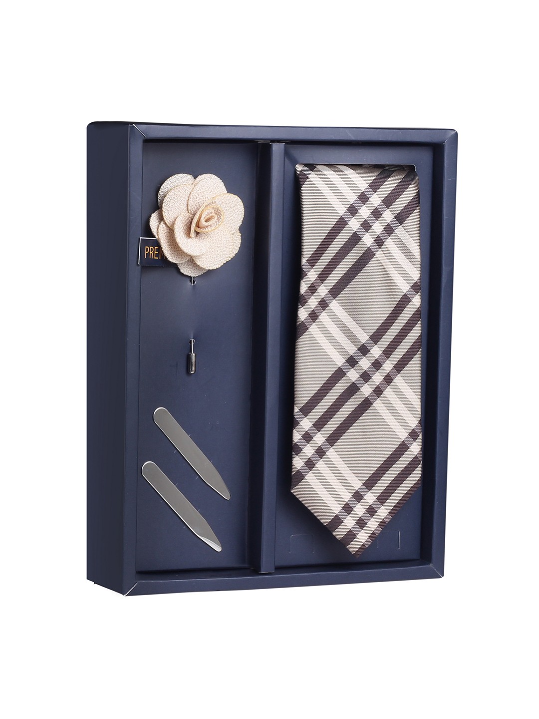 

PELUCHE Men Beige & Brown Neck Tie with Lapel Pin & Collar Strays Gift Set