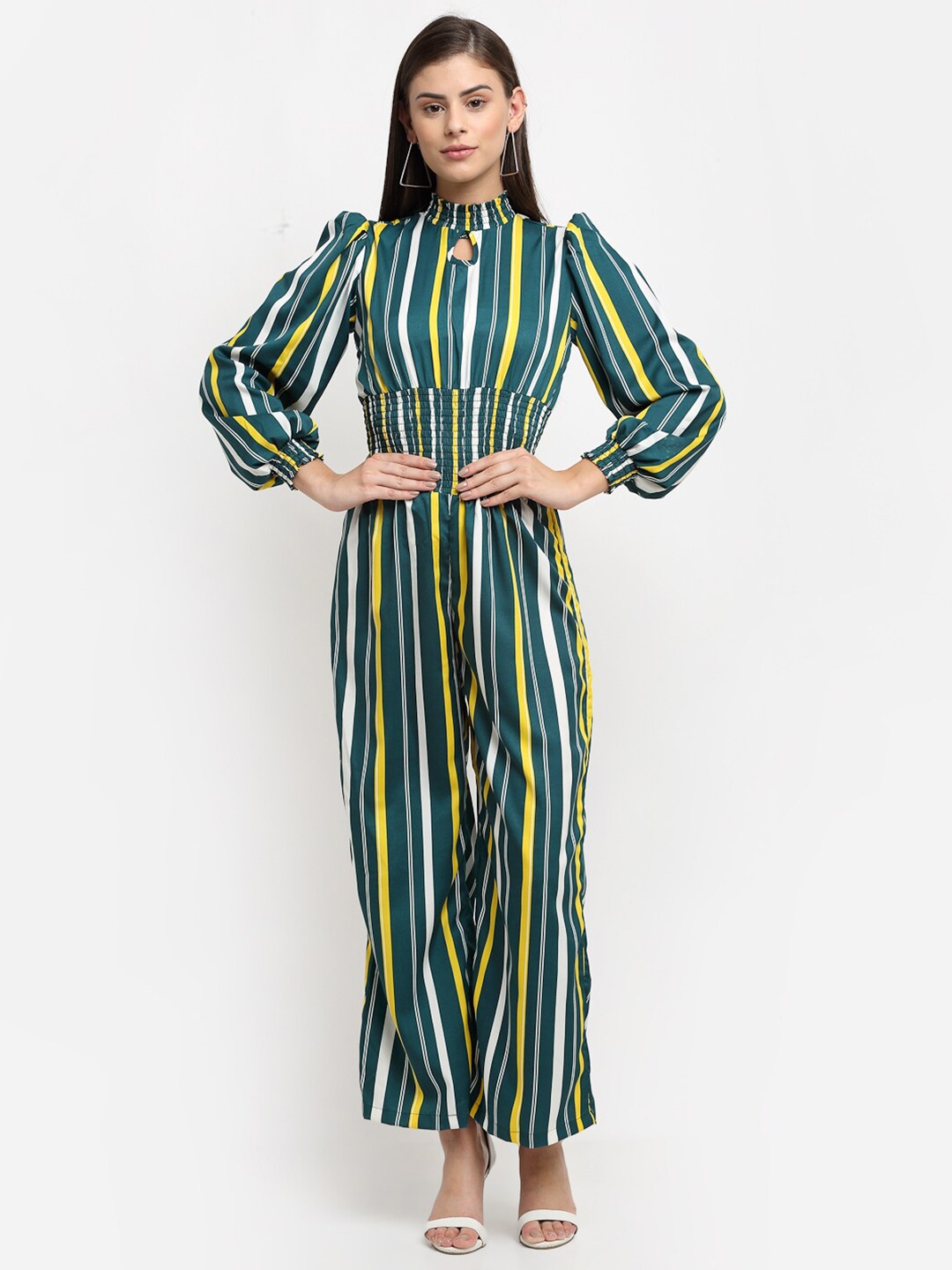 

emeros Women Green & Yellow Striped Printed Polyester Jumpsuit With Gathers Styling
