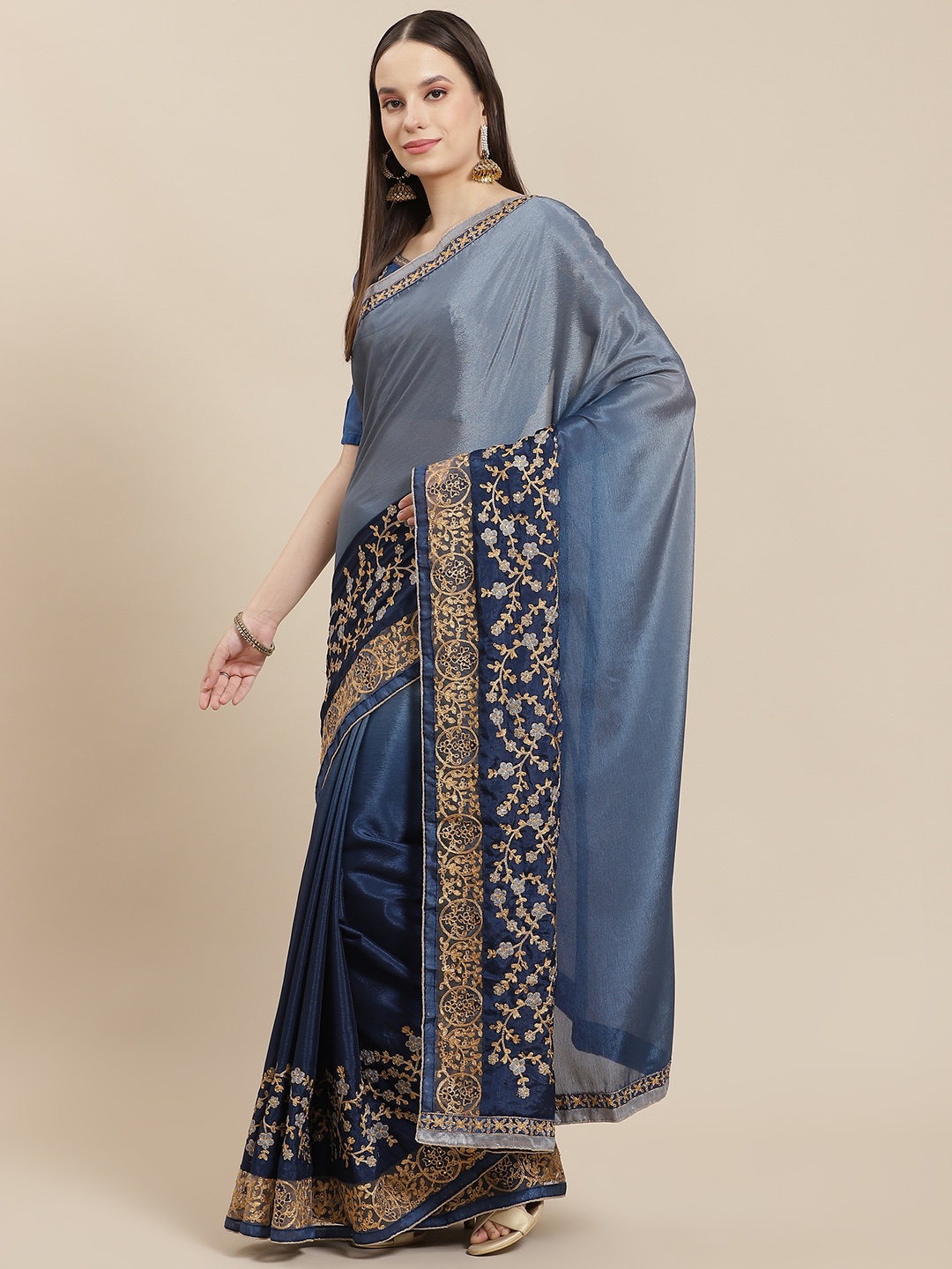 

Mitera Blue & Grey Ombre Embroidered Pure Chiffon Heavy Work Saree