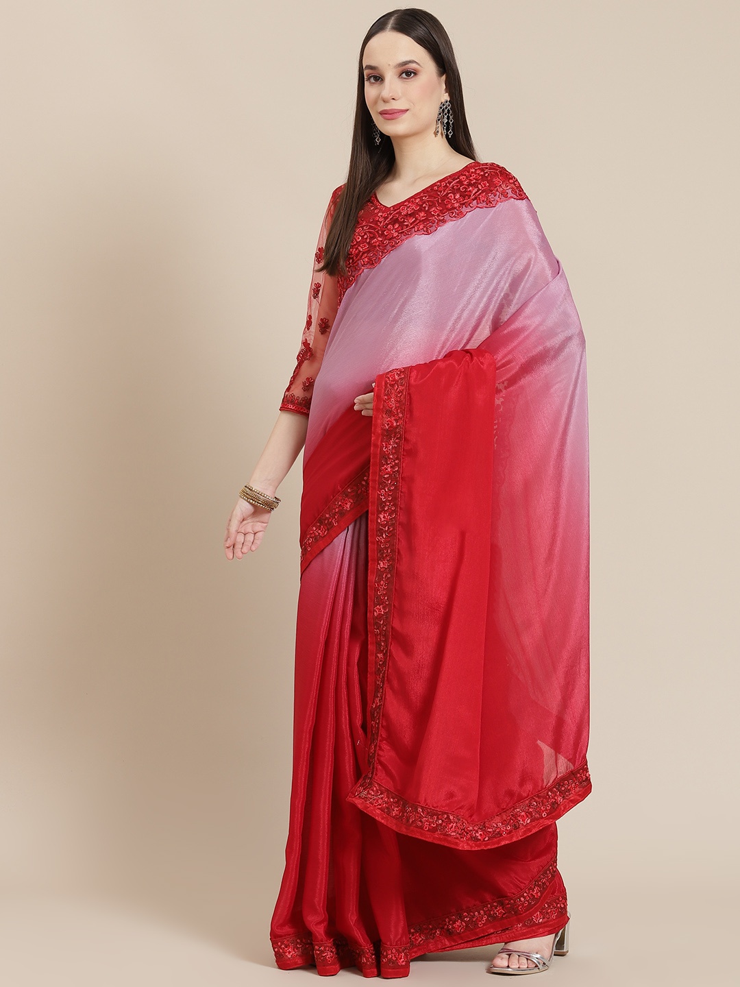 

Mitera Red & Pink Ombre Dyed Saree with Embellished Border