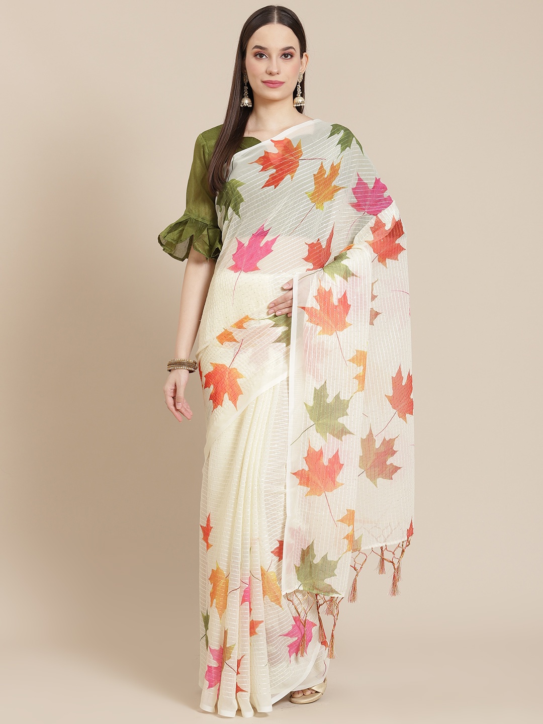 

Mitera Off White & Orange Floral Sequinned Saree