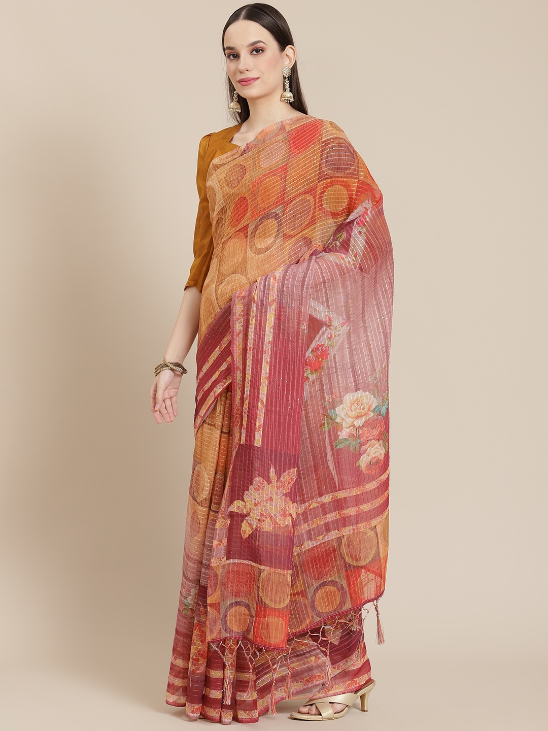 

Mitera Yellow & Pink Ethnic Motifs Sequinned Saree