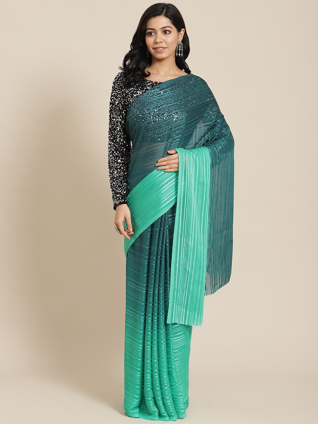 

Mitera Green Self-Striped Ombre Dyed Zardozi Satin Saree