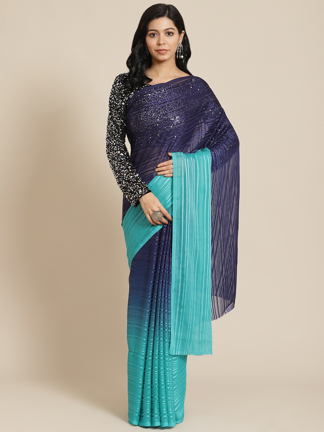 

Mitera Navy Blue & Blue Self-Striped Ombre Dyed Zardozi Satin Saree