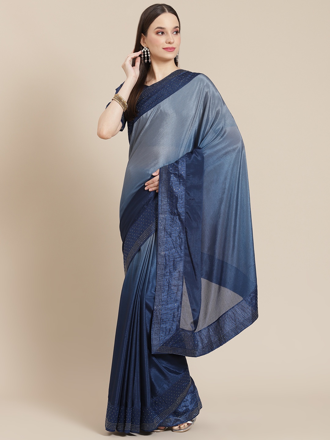 

Mitera Navy Blue & Grey Ombre Dyed Saree with Embellished Border