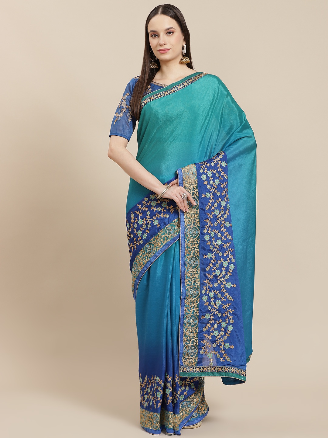 

Mitera Turquoise Blue & Multicoloured Ombre Zari Pure Chiffon Saree