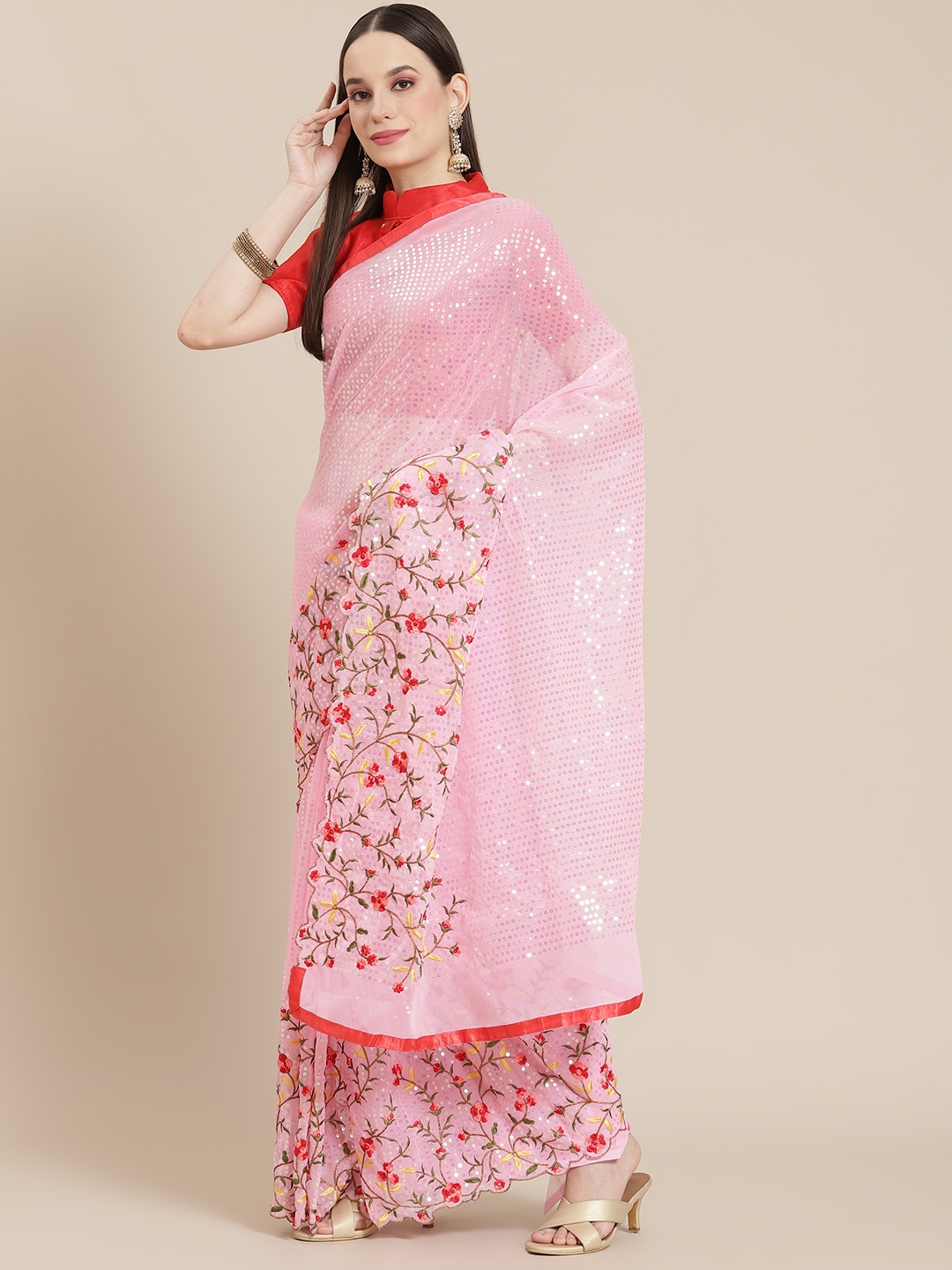 

Mitera Pink Sequinned Saree with Floral Embroidery