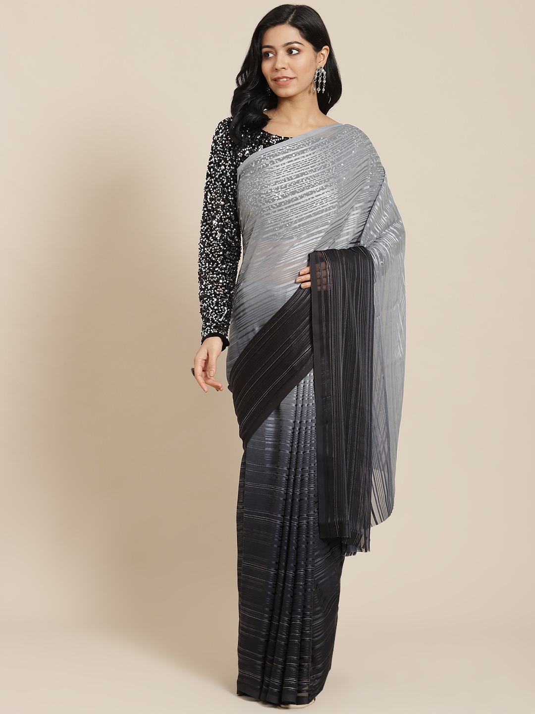 

Mitera Grey & Black Self-Striped Ombre Dyed Zardozi Satin Saree