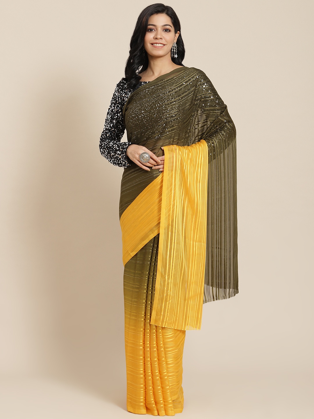 

Mitera Olive Green & Mustard Yellow Self-Striped Ombre Dyed Zardozi Satin Saree