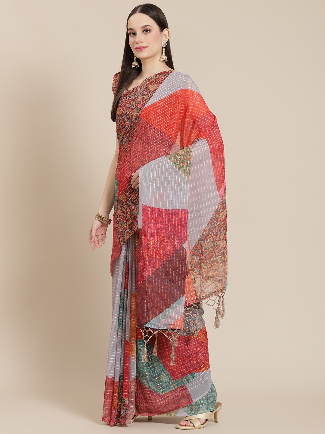 

Mitera Grey & Red Ethnic Print Sequinned Saree