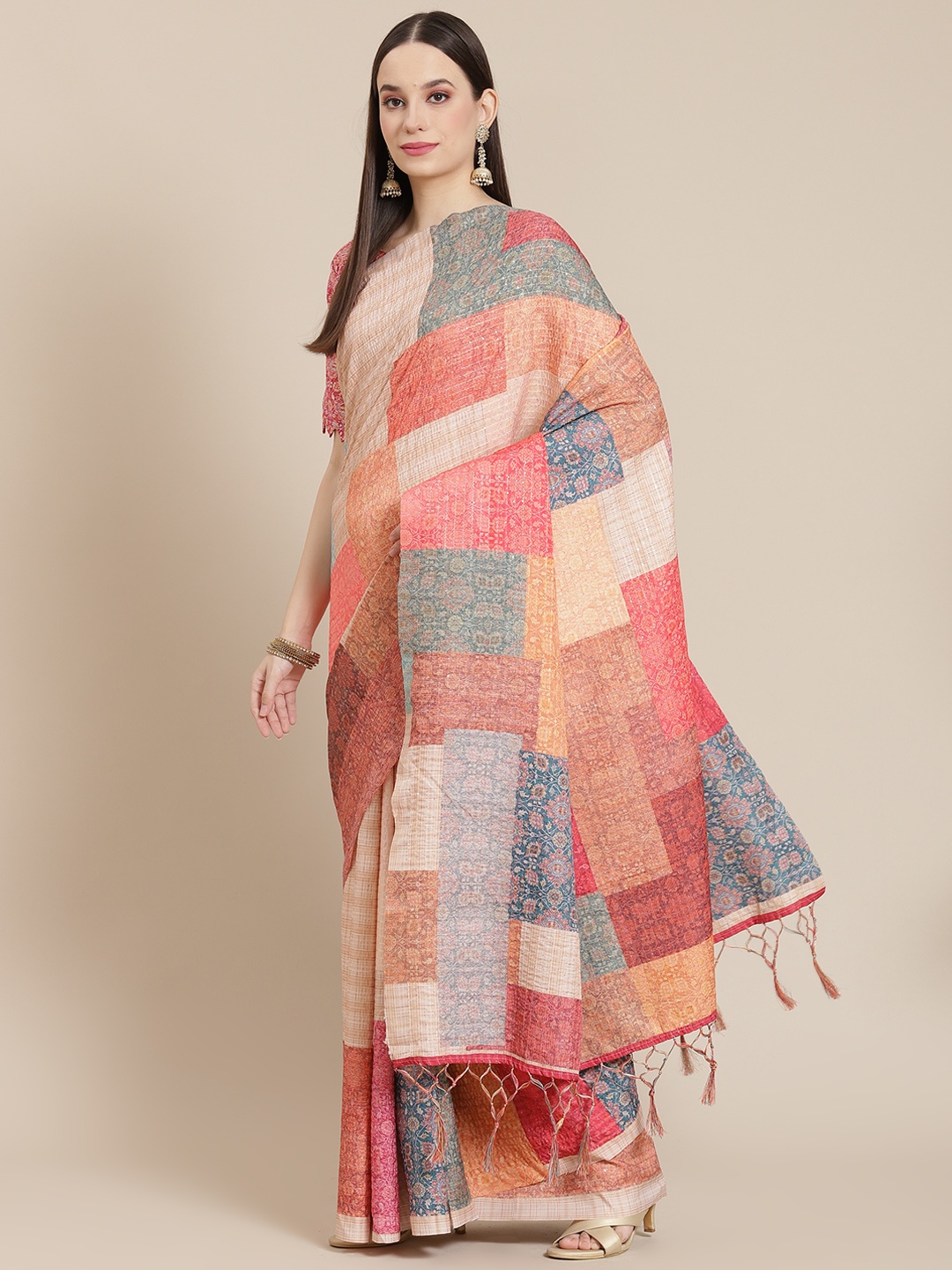 

Mitera Pink & Off White Ethnic Motifs Sequinned Saree